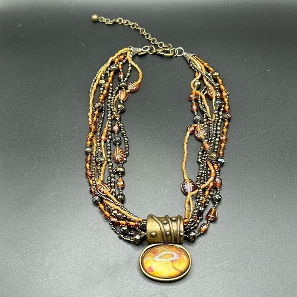 Chico's Jewelry - Chico's Necklace Pendant Multi Strand Beaded Honey Amber Brass Tones Signed